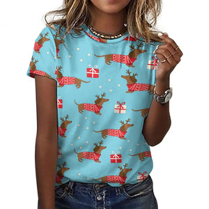Merry Christmas Red Dachshunds All Over Print Women's Cotton T-Shirt - 4 Colors-Apparel-Apparel, Christmas, Dachshund, Shirt, T Shirt-13