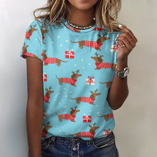 Load image into Gallery viewer, Merry Christmas Red Dachshunds All Over Print Women&#39;s Cotton T-Shirt - 4 Colors-Apparel-Apparel, Christmas, Dachshund, Shirt, T Shirt-2XS-SkyBlue-14