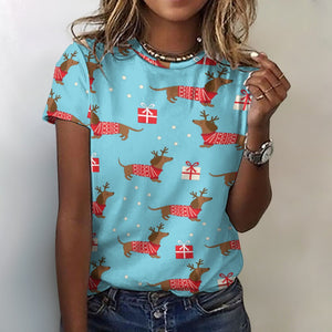 Merry Christmas Red Dachshunds All Over Print Women's Cotton T-Shirt - 4 Colors-Apparel-Apparel, Christmas, Dachshund, Shirt, T Shirt-2XS-SkyBlue-14