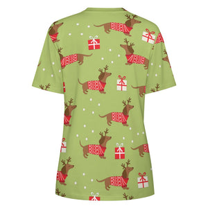Merry Christmas Red Dachshunds All Over Print Women's Cotton T-Shirt - 4 Colors-Apparel-Apparel, Christmas, Dachshund, Shirt, T Shirt-5