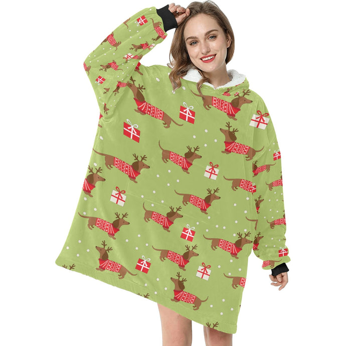 Merry Christmas Red Dachshunds Blanket Hoodie for Women-Apparel-Apparel, Blankets-4