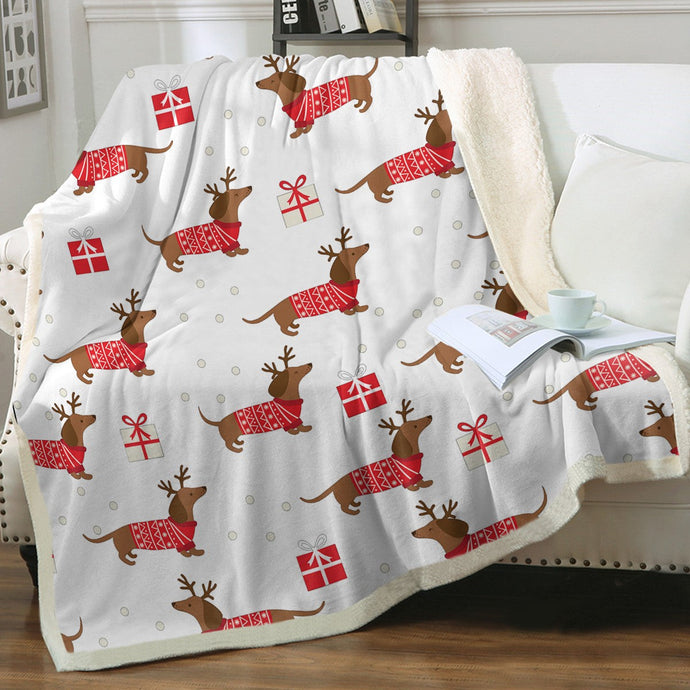 Merry Christmas Red Dachshunds Soft Warm Fleece Blanket - 4 Colors-Blanket-Blankets, Dachshund, Home Decor-Ivory-Small-1