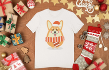 Load image into Gallery viewer, Merry Corgi Christmas Women&#39;s Cotton T-Shirts-Apparel-Apparel, Corgi, Shirt, T Shirt-Corgi with Christmas Hat-White-Small-10