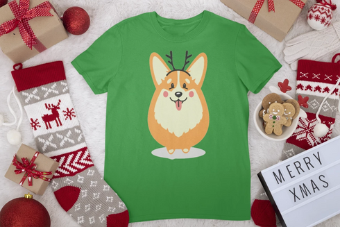 Merry Corgi Christmas Women's Cotton T-Shirts-Apparel-Apparel, Corgi, Shirt, T Shirt-Corgi with Antlers-Green-Small-14