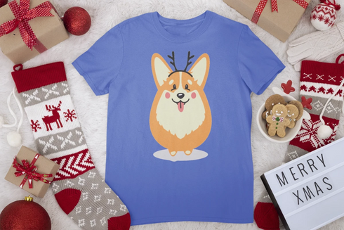 Merry Corgi Christmas Women's Cotton T-Shirts-Apparel-Apparel, Corgi, Shirt, T Shirt-Corgi with Antlers-Blue-Small-3