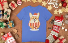 Load image into Gallery viewer, Merry Corgi Christmas Women&#39;s Cotton T-Shirts-Apparel-Apparel, Corgi, Shirt, T Shirt-Corgi with Christmas Hat-Blue-Small-4