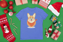 Load image into Gallery viewer, Merry Corgi Christmas Women&#39;s Cotton T-Shirts-Apparel-Apparel, Corgi, Shirt, T Shirt-Corgi with Candy Cane-Blue-Small-5