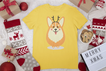 Merry Corgi Christmas Women's Cotton T-Shirts-Apparel-Apparel, Corgi, Shirt, T Shirt-Corgi with Antlers-Yellow-Small-6