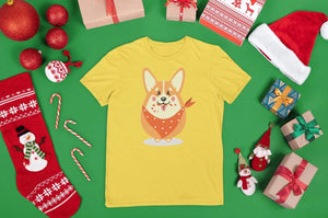 Merry Corgi Christmas Women's Cotton T-Shirts-Apparel-Apparel, Corgi, Shirt, T Shirt-Corgi with Candy Cane-Yellow-Small-8