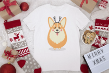 Load image into Gallery viewer, Merry Corgi Christmas Women&#39;s Cotton T-Shirts-Apparel-Apparel, Corgi, Shirt, T Shirt-Corgi with Antlers-White-Small-9
