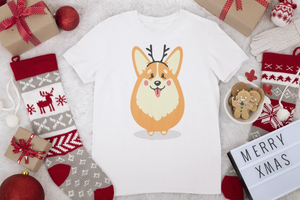 Merry Corgi Christmas Women's Cotton T-Shirts-Apparel-Apparel, Corgi, Shirt, T Shirt-Corgi with Antlers-White-Small-9