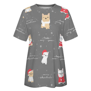 Merry Frenchie Christmas and New Year All Over Print Women's Cotton T-Shirt - 4 Colors-Apparel-Apparel, Christmas, French Bulldog, Shirt, T Shirt-6