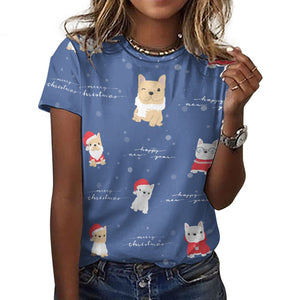 Merry Frenchie Christmas and New Year All Over Print Women's Cotton T-Shirt - 4 Colors-Apparel-Apparel, Christmas, French Bulldog, Shirt, T Shirt-14