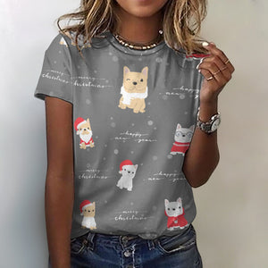 Merry Frenchie Christmas and New Year All Over Print Women's Cotton T-Shirt - 4 Colors-Apparel-Apparel, Christmas, French Bulldog, Shirt, T Shirt-2XS-Gray-3