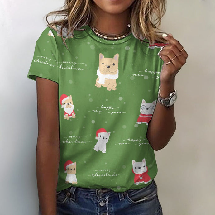 Merry Frenchie Christmas and New Year All Over Print Women's Cotton T-Shirt - 4 Colors-Apparel-Apparel, Christmas, French Bulldog, Shirt, T Shirt-2XS-OliveDrab-1