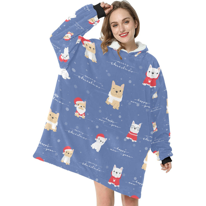 Merry Frenchie Christmas and New Year Blanket Hoodie for Women-Apparel-Apparel, Blankets, French Bulldog-Blue-1