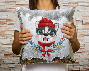 Merry Husky Christmas Sequinned Pillowcases - 10 Colors-Home Decor-Christmas, Home Decor, Pillows, Siberian Husky-Silver-Only Pillowcase-2