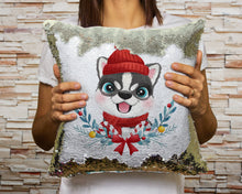 Load image into Gallery viewer, Merry Husky Christmas Sequinned Pillowcases - 10 Colors-Home Decor-Christmas, Home Decor, Pillows, Siberian Husky-Champagne-Only Pillowcase-3
