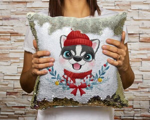 Merry Husky Christmas Sequinned Pillowcases - 10 Colors-Home Decor-Christmas, Home Decor, Pillows, Siberian Husky-Champagne-Only Pillowcase-3