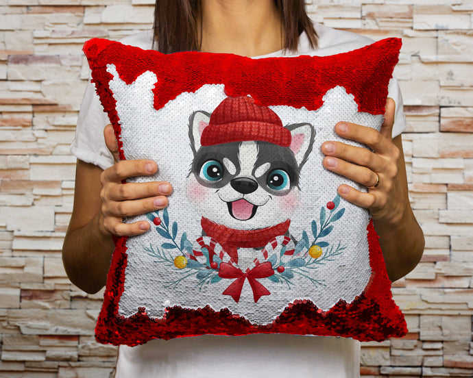 Merry Husky Christmas Sequinned Pillowcases - 10 Colors-Home Decor-Christmas, Home Decor, Pillows, Siberian Husky-Red-Only Pillowcase-1