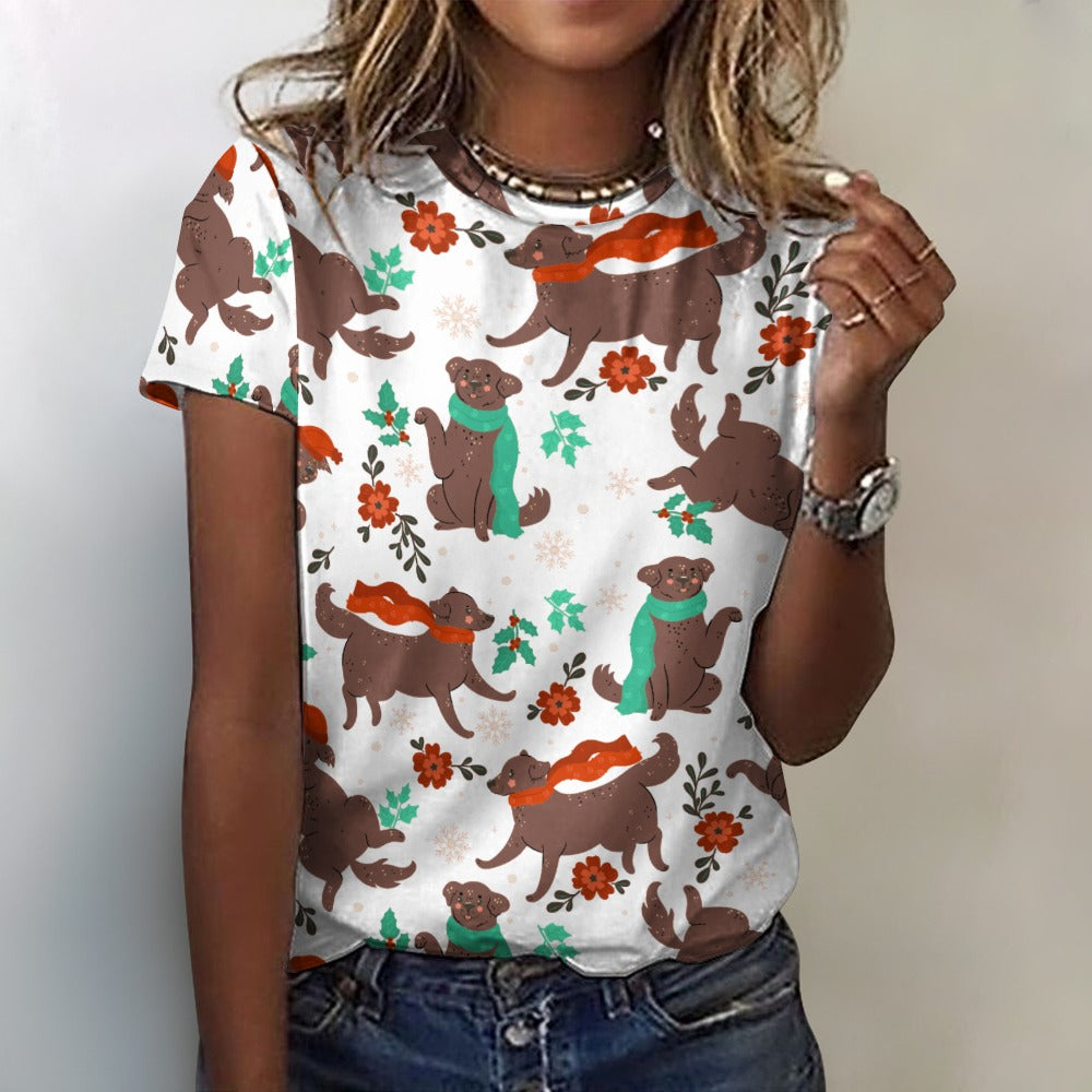 Merry Merry Chocolate Labradors All Over Print Women's Cotton T-Shirt - 4 Colors-Apparel-Apparel, Chocolate Labrador, Christmas, Labrador, Shirt, T Shirt-2XS-White-1