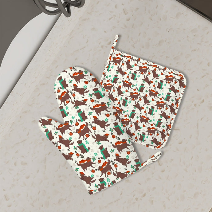 Merry Merry Chocolate Labradors Oven Mitts and Pot Holder Set-Kitchen Decor-Accessories,Chocolate Labrador,Dog Mom Gifts-1