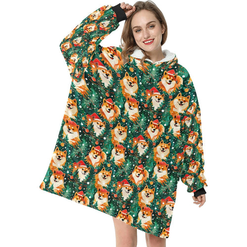 Merry Shiba Merriment Christmas Blanket Hoodie-Blanket-Apparel, Blanket Hoodie, Blankets, Christmas, Dog Mom Gifts, Shiba Inu-ONE SIZE-1
