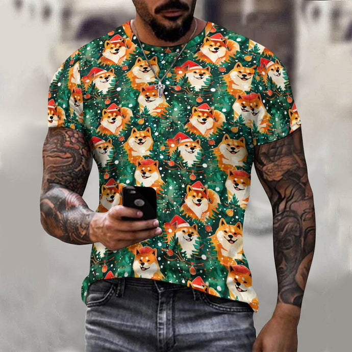 Merry Shiba Merriment Christmas Men's Cotton T-Shirt-Apparel-Apparel, Christmas, Dog Dad Gifts, Shiba Inu, Shirt, T Shirt-1