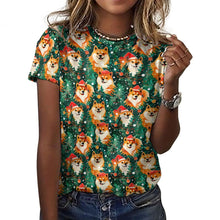 Load image into Gallery viewer, Merry Shiba Merriment Christmas Women&#39;s Cotton T-Shirt-Apparel-Apparel, Christmas, Shiba Inu, Shirt, T Shirt-2XS-White-1