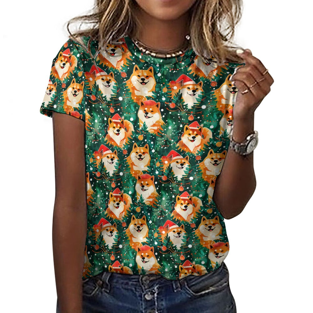 Merry Shiba Merriment Christmas Women's Cotton T-Shirt-Apparel-Apparel, Christmas, Shiba Inu, Shirt, T Shirt-2XS-White-1