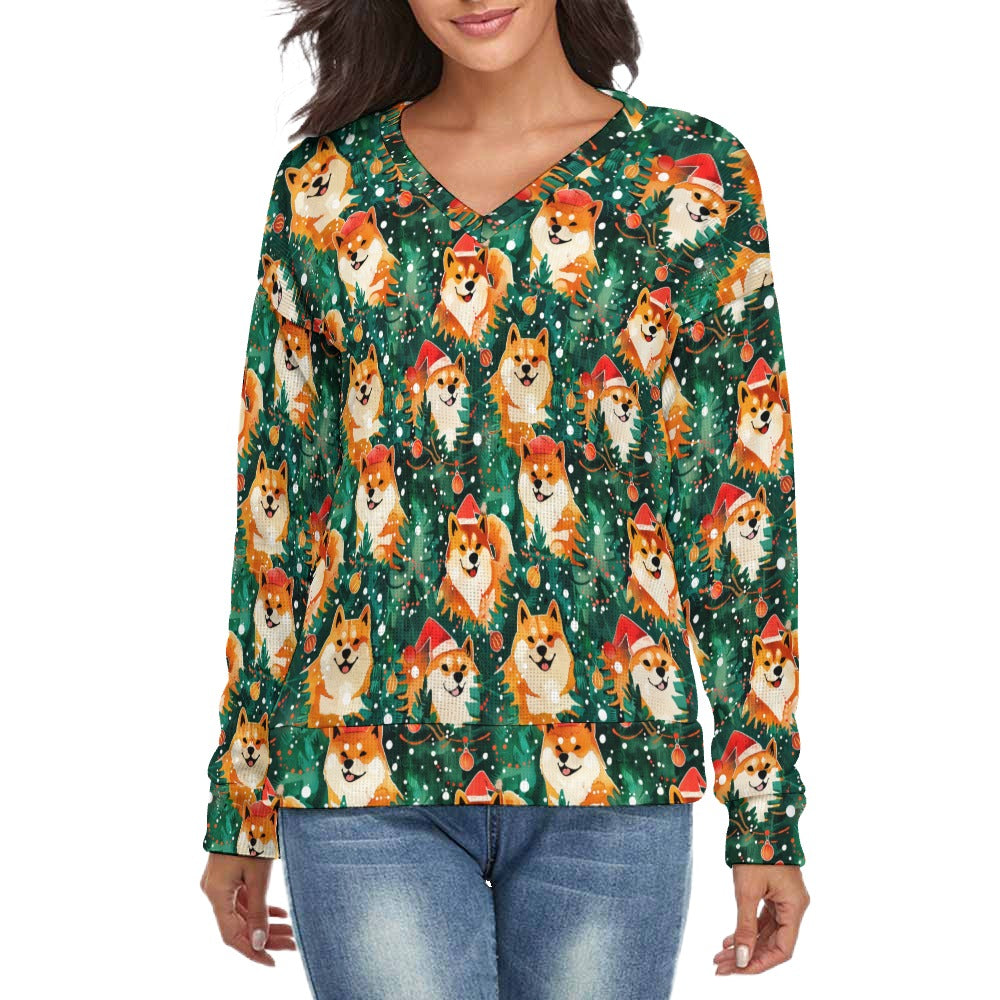 Merry Shiba Merriment Women's V-Neck Christmas Sweater-Apparel-Apparel,Christmas,Dog Mom Gifts,Shiba Inu,Sweater,Sweatshirt-S-2