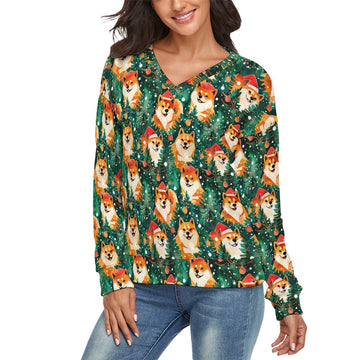 Merry Shiba Merriment Womens V Neck Christmas Sweater 360x