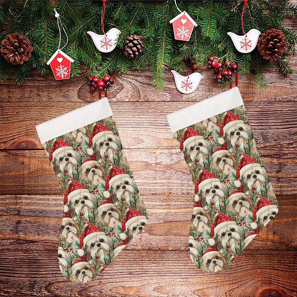 Merry Shih Tzu Christmas Merriment Christmas Stocking-Christmas Ornament-Christmas, Home Decor, Shih Tzu-26X42CM-White-2