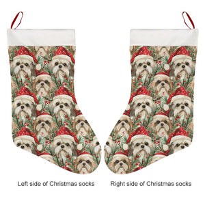 Merry Shih Tzu Christmas Merriment Christmas Stocking-Christmas Ornament-Christmas, Home Decor, Shih Tzu-26X42CM-White-4