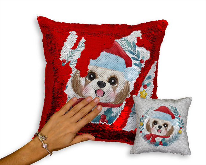 Merry Shih Tzu Christmas Sequinned Pillowcases - 10 Colors-Home Decor-Christmas, Home Decor, Pillows, Shih Tzu-Red-Only Pillowcase-1
