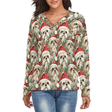 Load image into Gallery viewer, Merry Shih Tzu Festive Merriment Women's V-Neck Christmas Sweater-Apparel-Apparel,Christmas,Dog Mom Gifts,Shih Tzu,Sweater,Sweatshirt-S-White3-1