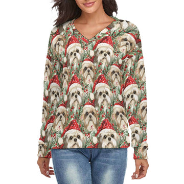 Merry Shih Tzu Festive Merriment Womens V Neck Christmas Sweater S White3 360x
