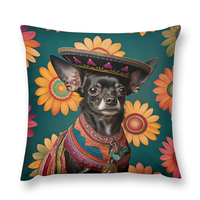 Mexican Tapestry Black Chihuahua Plush Pillow Case-Chihuahua, Dog Dad Gifts, Dog Mom Gifts, Home Decor, Pillows-3