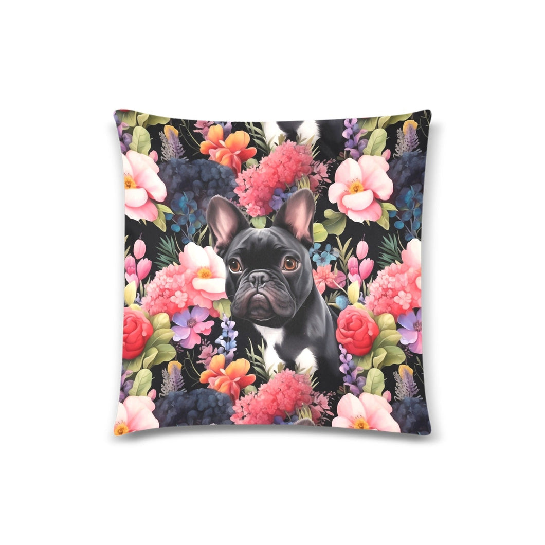 Midnight Blossom Black Frenchie Enchantment Throw Pillow Covers-Cushion Cover-French Bulldog, Home Decor, Pillows-White-ONESIZE-1