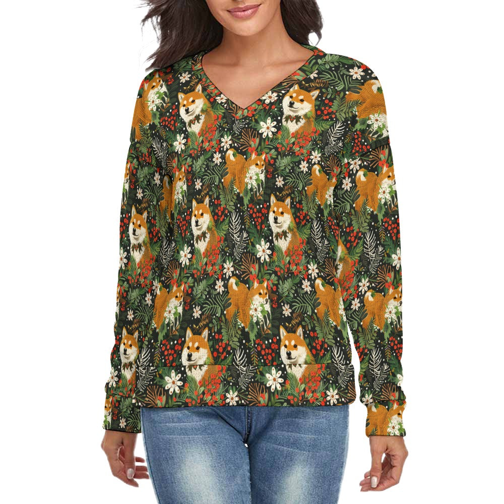 Midnight Frolic Shibas Women's V-Neck Christmas Sweater-Apparel-Apparel,Christmas,Dog Mom Gifts,Shiba Inu,Sweater,Sweatshirt-S-2