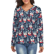 Load image into Gallery viewer, Midnight Merriment Husky Women's V-Neck Christmas Sweater-Apparel-Apparel,Christmas,Dog Mom Gifts,Siberian Husky,Sweater,Sweatshirt-S-2