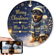 Load image into Gallery viewer, Miniature Pinscher Christmas Ornament - Cozy Winter Pet Portrait Design - Personalize with Photo and Name-Christmas Ornament-Christmas,Christmas Ornament,Miniature Pinscher,Personalize Artwork-1