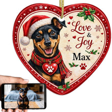 Load image into Gallery viewer, Miniature Pinscher Christmas Ornament - Love &amp; Joy Heart Shaped Portrait - Personalize with Photo and Name-Christmas Ornament-Christmas,Christmas Ornament,Miniature Pinscher,Personalize Artwork-1