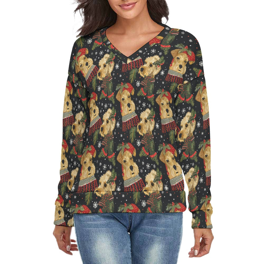 Mistletoe and Muzzles Airedale Terriers Women's V-Neck Christmas Sweater-Apparel-Airedale Terrier,Apparel,Christmas,Dog Mom Gifts,Sweater,Sweatshirt-S-2