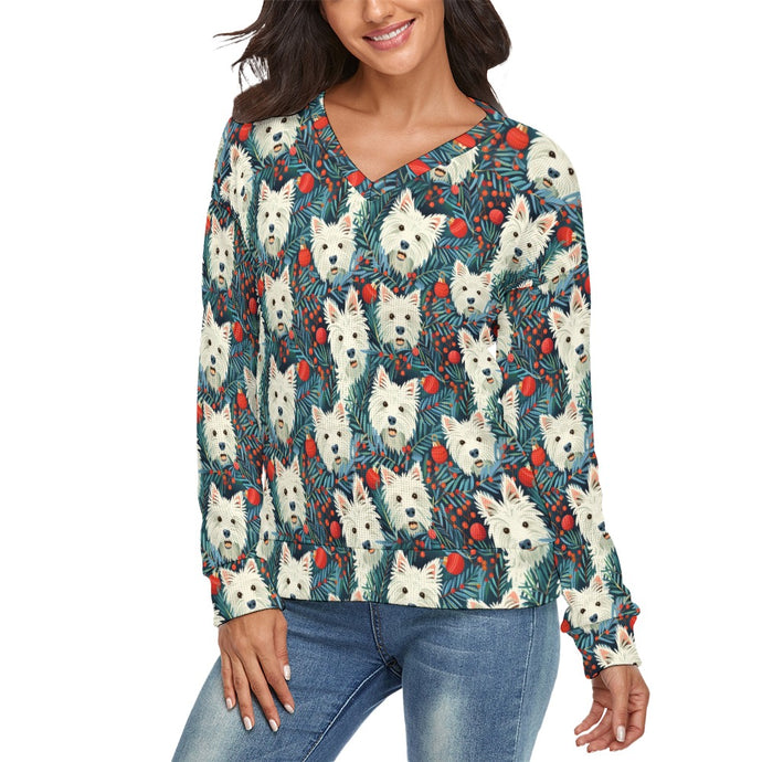 Mistletoe and Westies Women's V-Neck Christmas Sweater-Apparel-Apparel,Christmas,Dog Mom Gifts,Sweater,Sweatshirt,West Highland Terrier-3