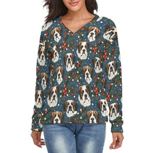 Load image into Gallery viewer, Mistletoe Mountain Dogs Saint Bernard Women's V-Neck Christmas Sweater-Apparel-Apparel,Christmas,Dog Mom Gifts,Saint Bernard,Sweater,Sweatshirt-S-White6-1