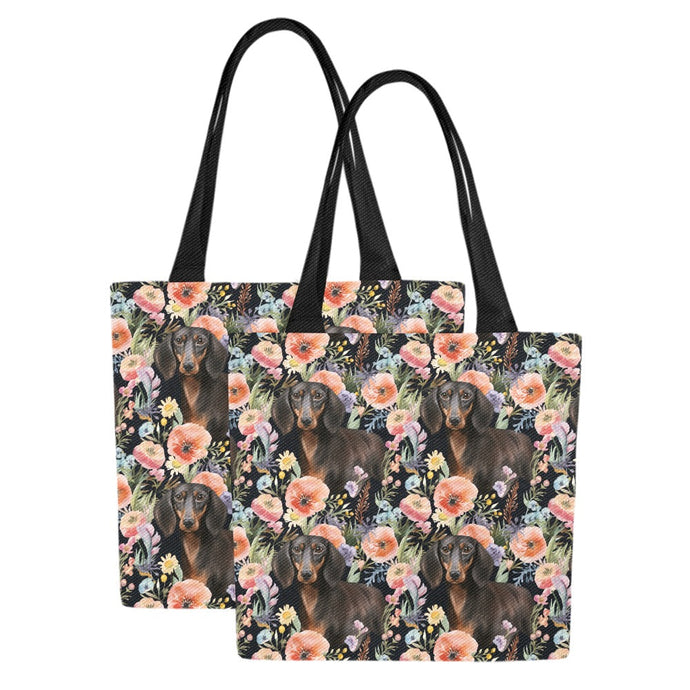 Moonlight Flower Garden Black and Tan Dachshunds Large Canvas Tote Bags - Set of 2-Accessories-Accessories, Bags, Dachshund-Bigger Flowers-Set of 2-1