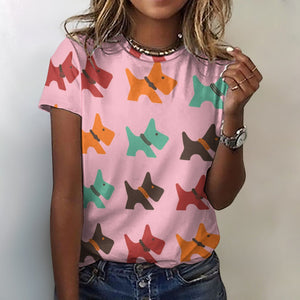 Multicolor Scottie Dog Love All Over Print Women's Cotton T-Shirt - 4 Colors-Apparel-Apparel, Scottish Terrier, Shirt, T Shirt-2XS-Pink-7
