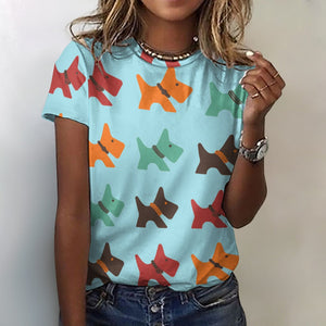 Multicolor Scottie Dog Love All Over Print Women's Cotton T-Shirt - 4 Colors-Apparel-Apparel, Scottish Terrier, Shirt, T Shirt-2XS-PowderBlue-13