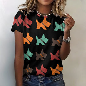 Multicolor Scottie Dog Love All Over Print Women's Cotton T-Shirt - 4 Colors-Apparel-Apparel, Scottish Terrier, Shirt, T Shirt-2XS-Black-6